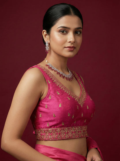 Silk Embroidered Dark Rani Saree Blouse