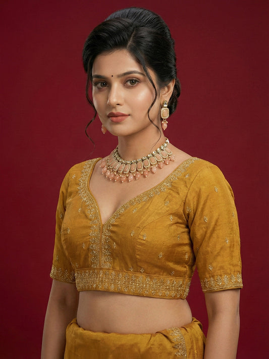 Women's Mustard Capri Silk Embroidered Saree Blouse