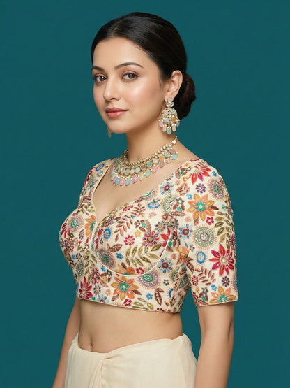 Embroidered Cream Saree Blouse