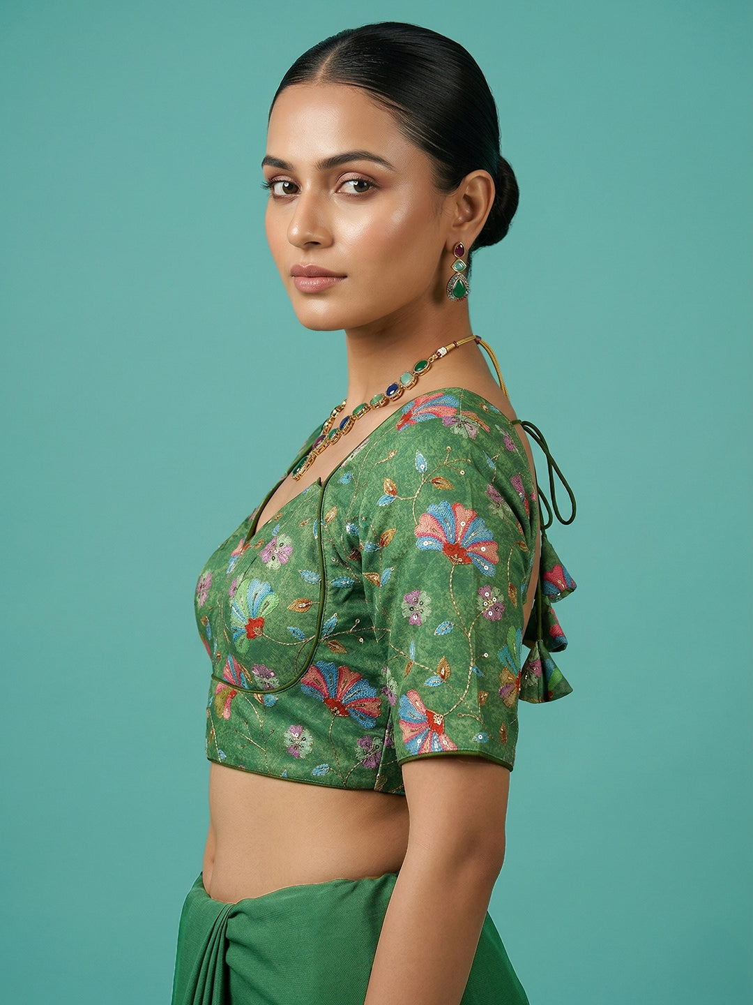Silk Bottle Green Saree Blouse