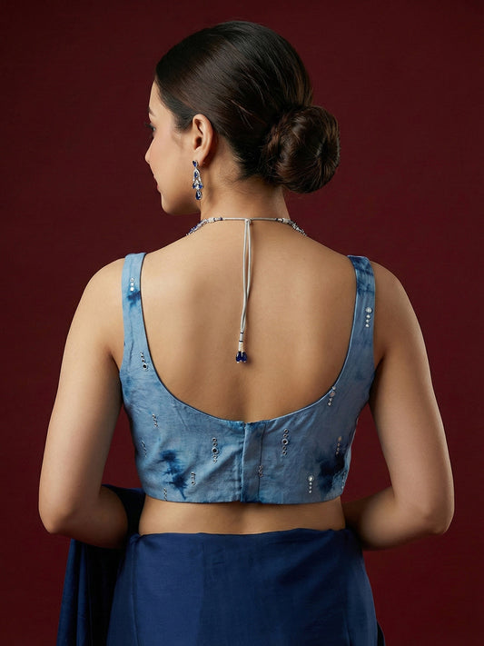 Tie-Dye Navy Blue Embroidered Saree Blouse