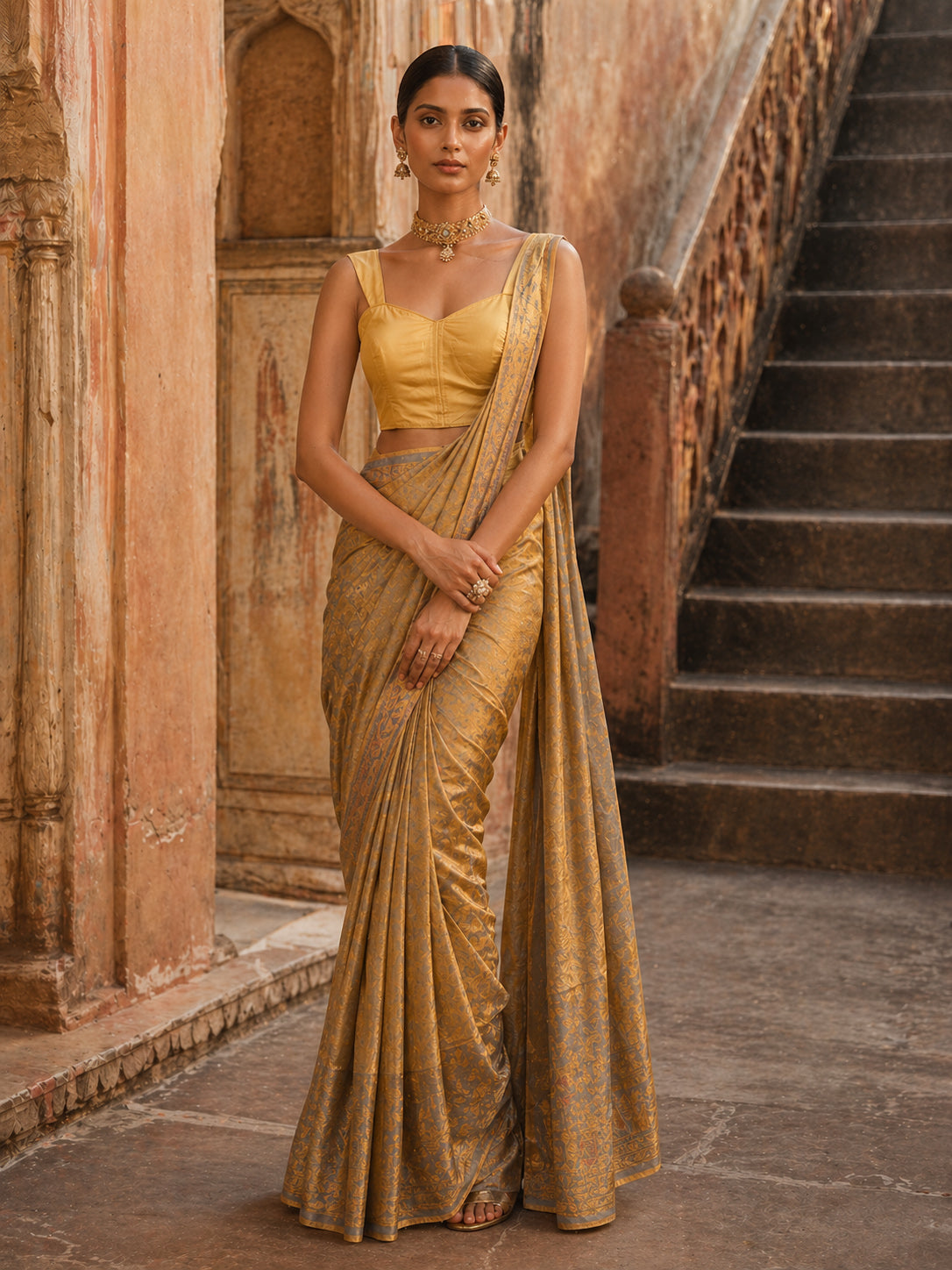 Solid Tafeta Gold Saree Blouse