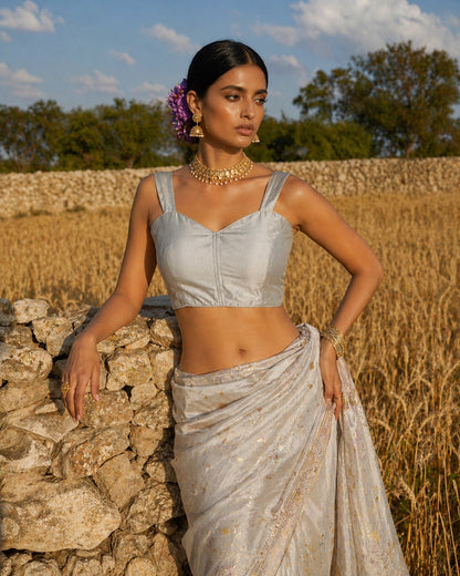 Solid Tafeta Silver Saree Blouse
