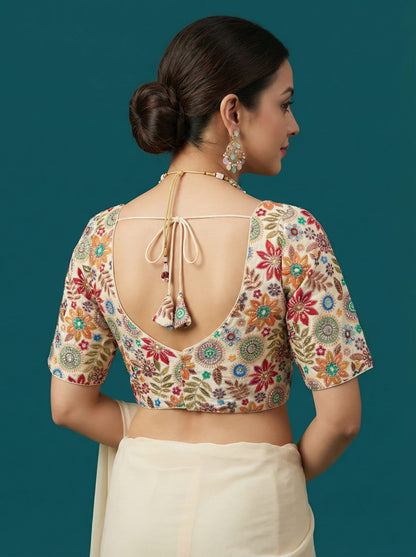 Embroidered Cream Saree Blouse
