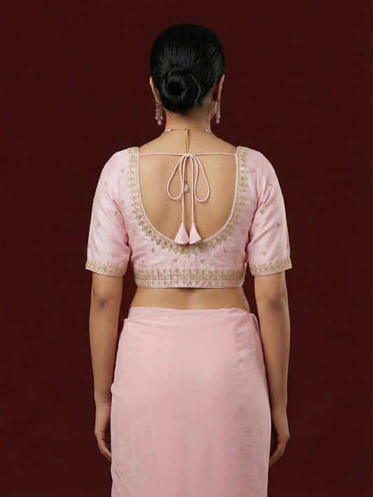 Women's Pink Capri Silk Embroidered Saree Blouse