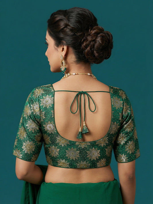 Satin Dark Green Brocade Blouse
