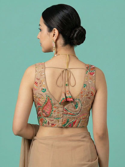 Designer Dark Beige Embroidered Saree Blouse