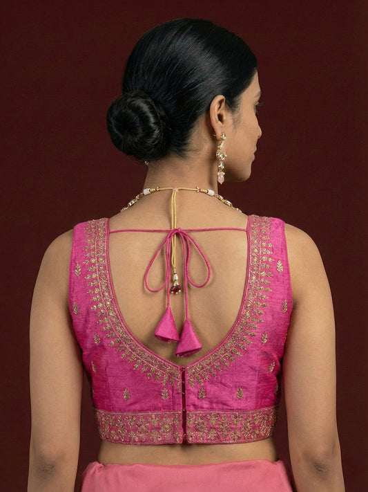 Silk Embroidered Light Rani Saree Blouse