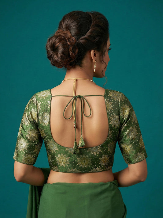 Satin Bottle Green Brocade Blouse