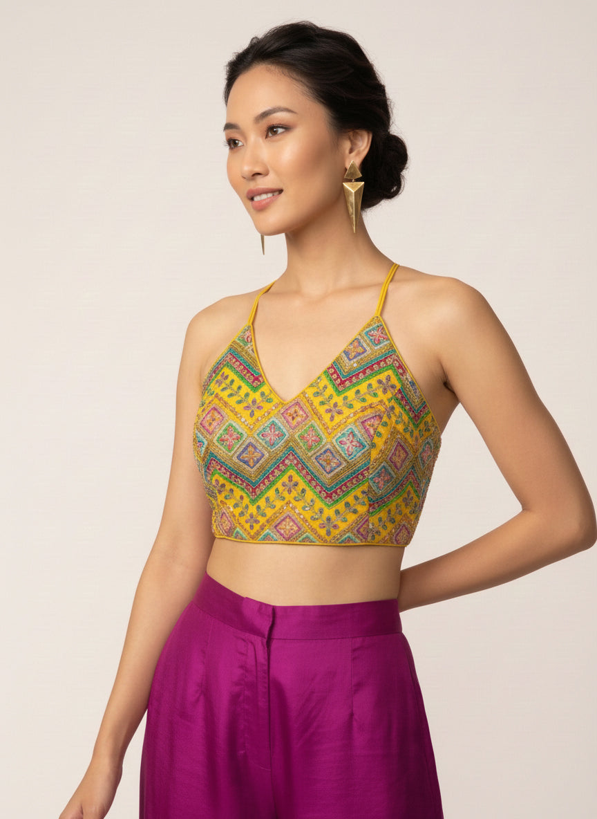 Embroidered Yellow Saree Blouse