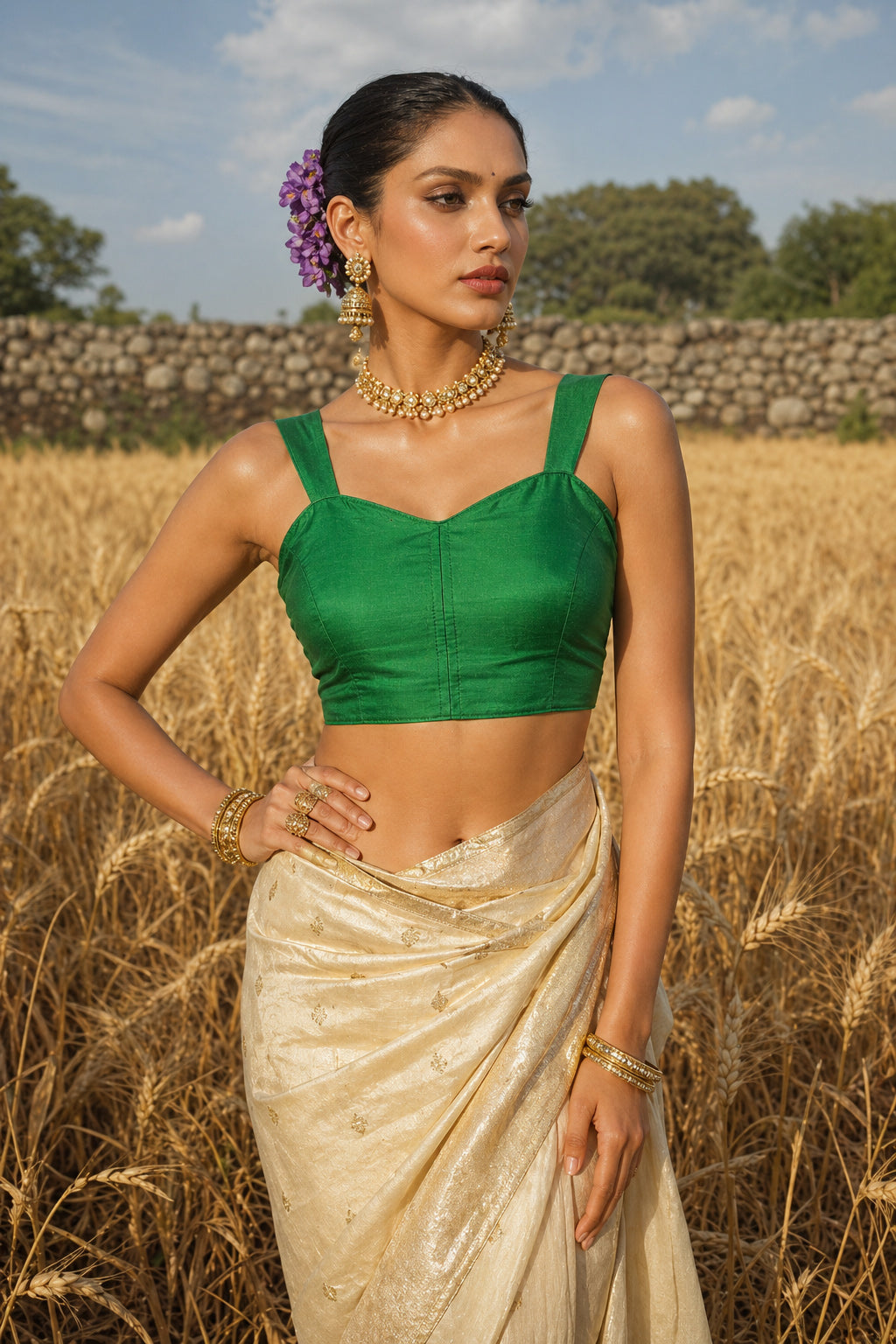 Solid Tafeta Green Saree Blouse