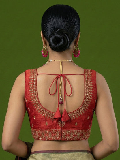 Silk Embroidered Red Saree Blouse