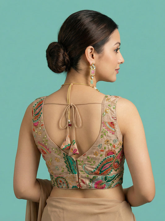 Designer Light Beige Embroidered Saree Blouse