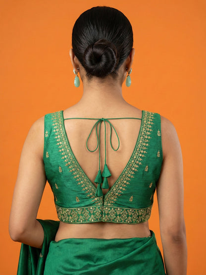 Silk Embroidered Bottle Green Saree Blouse