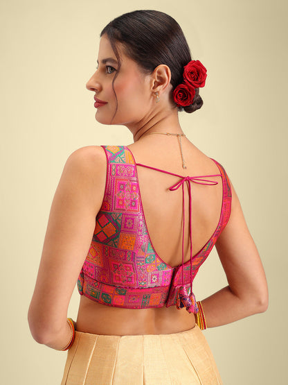 Woven Dark Pink Multi Colour Design Saree Blouse