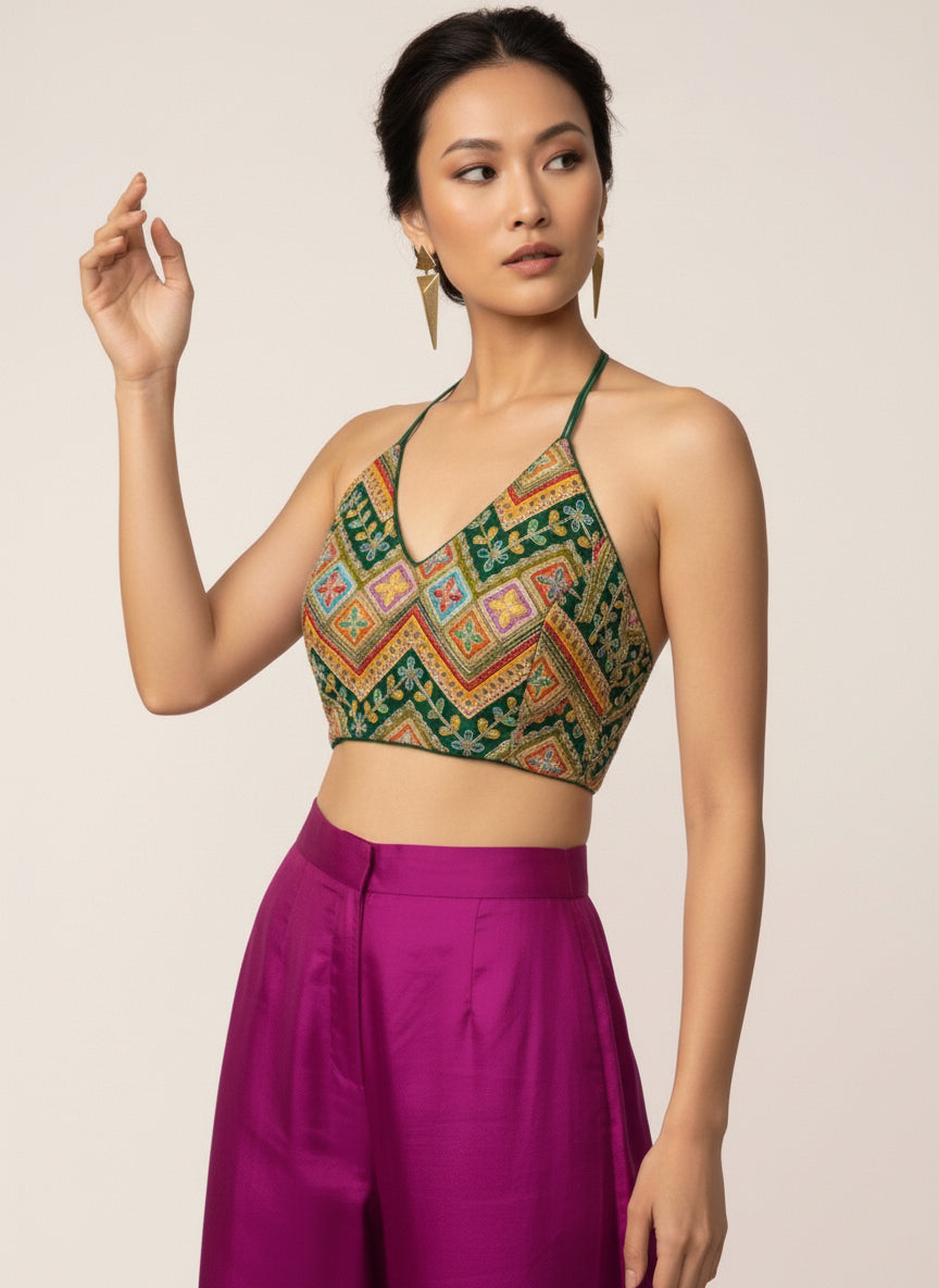 Embroidered Bottle Green Saree Blouse