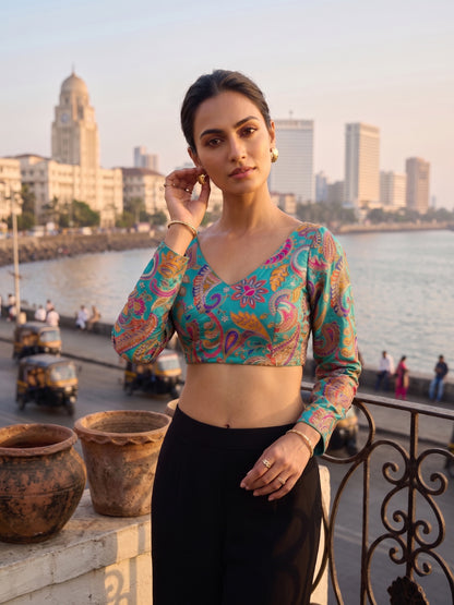 Women Teal Embroidered Blouse