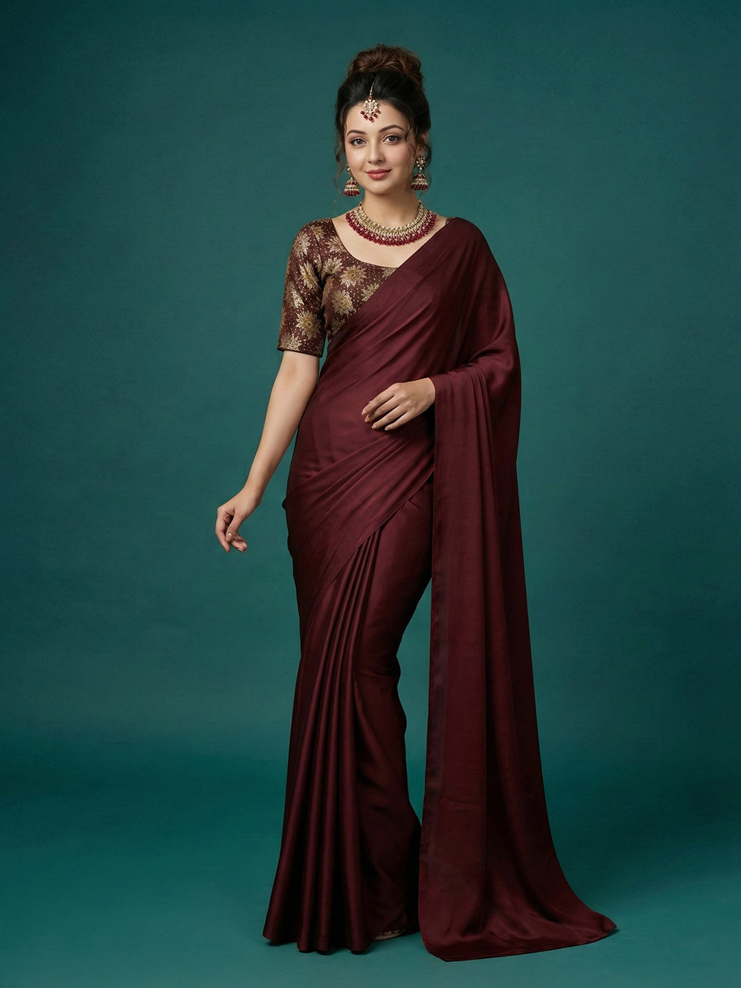 Satin Coffee Brown Brocade Blouse