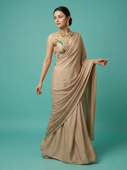 Designer Light Beige Embroidered Saree Blouse