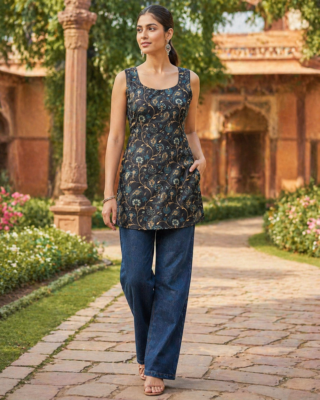 Floral Printed Square Neck Kurti