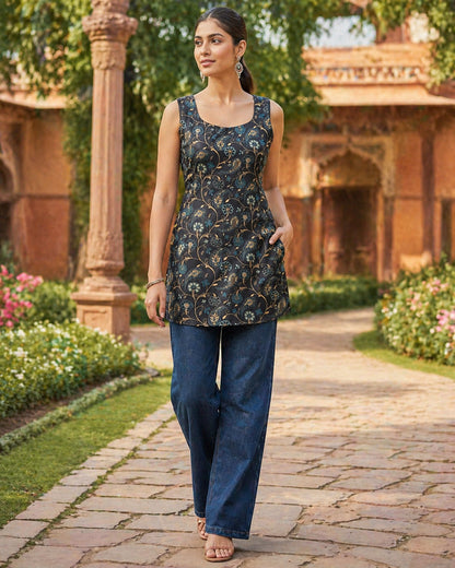 Floral Printed Square Neck Kurti