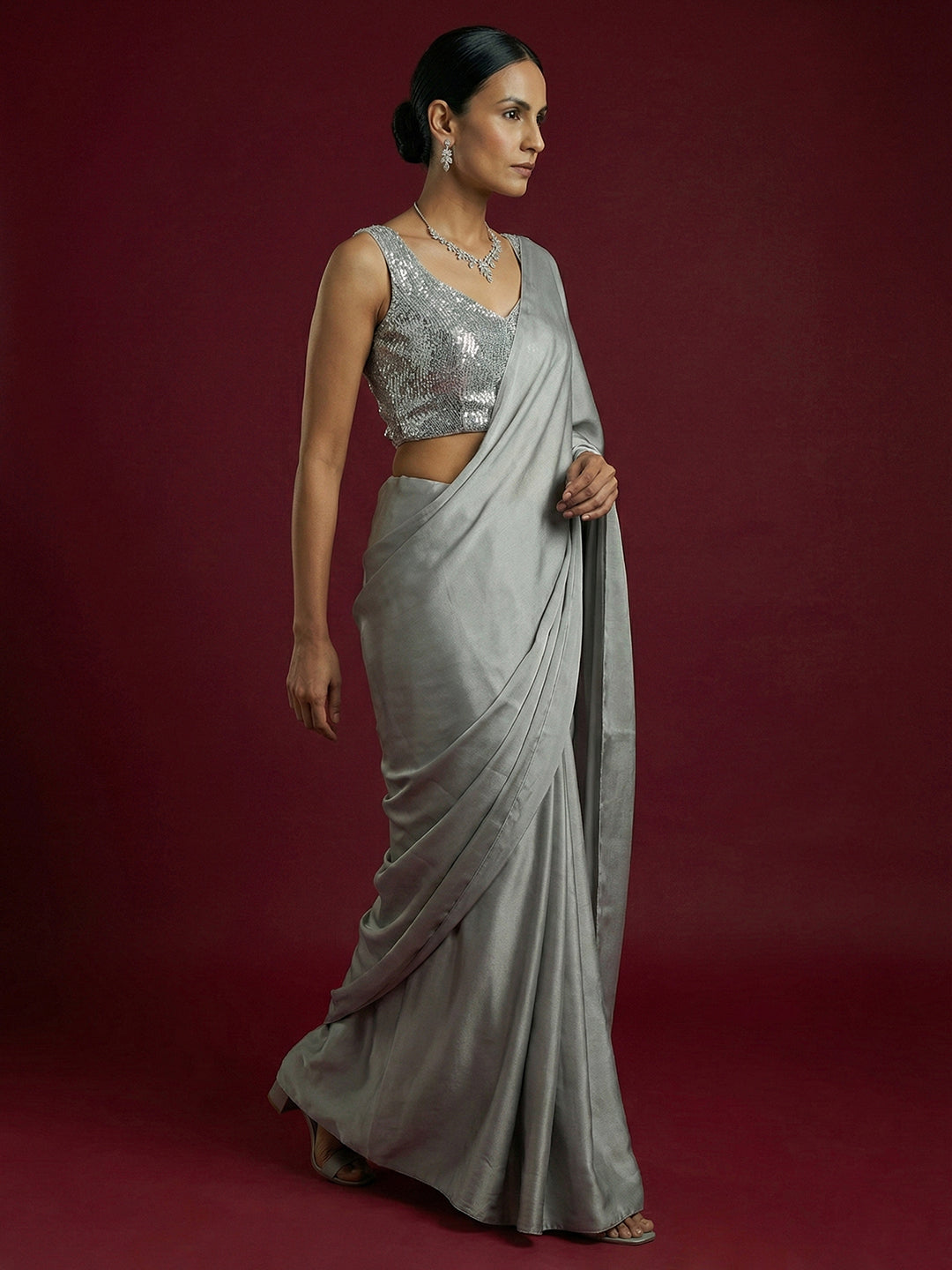 Embellished Silver Saree Blouse