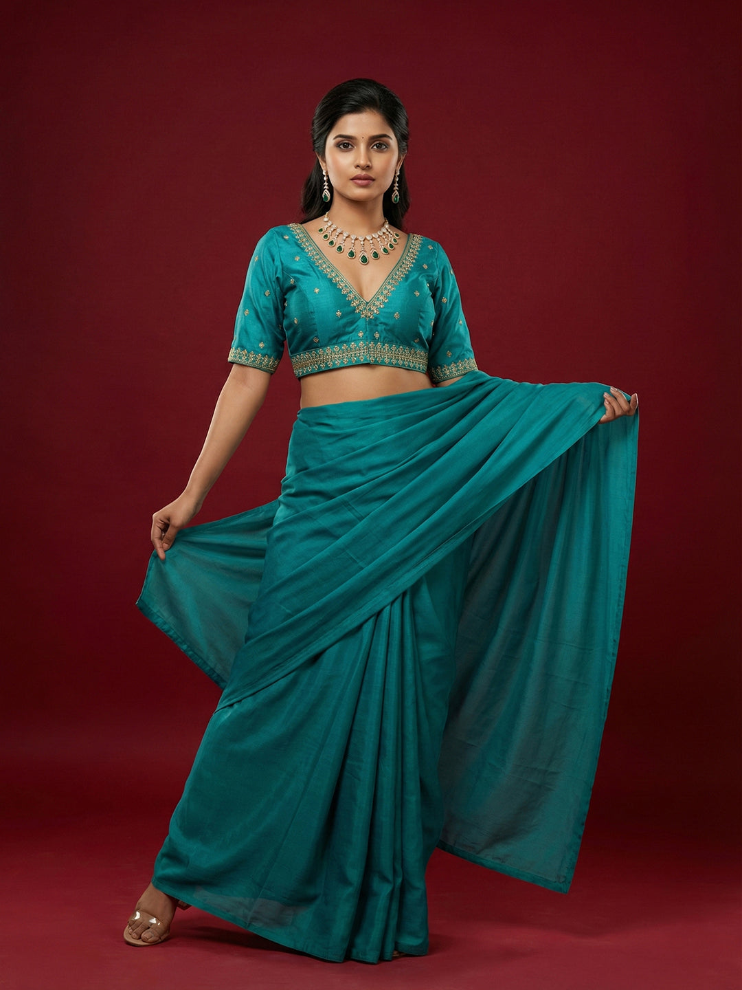 Women's Rama Capri Silk Embroidered Saree Blouse