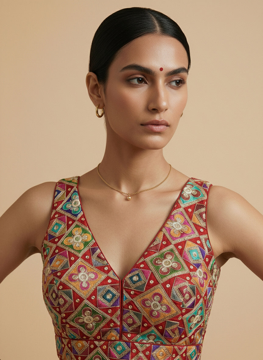 Viraasat Red Embroidered Designer Saree Blouse