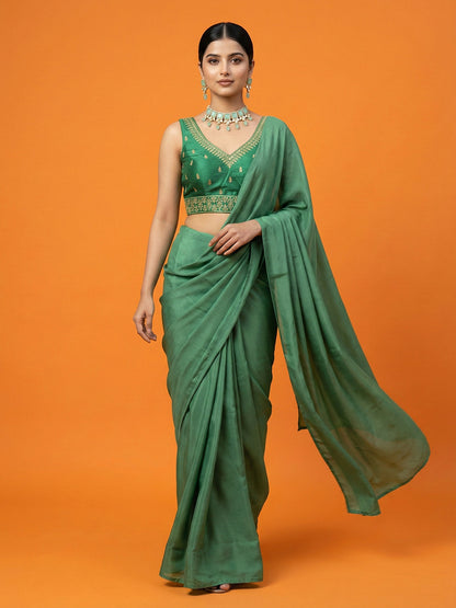 Silk Embroidered Bottle Green Saree Blouse