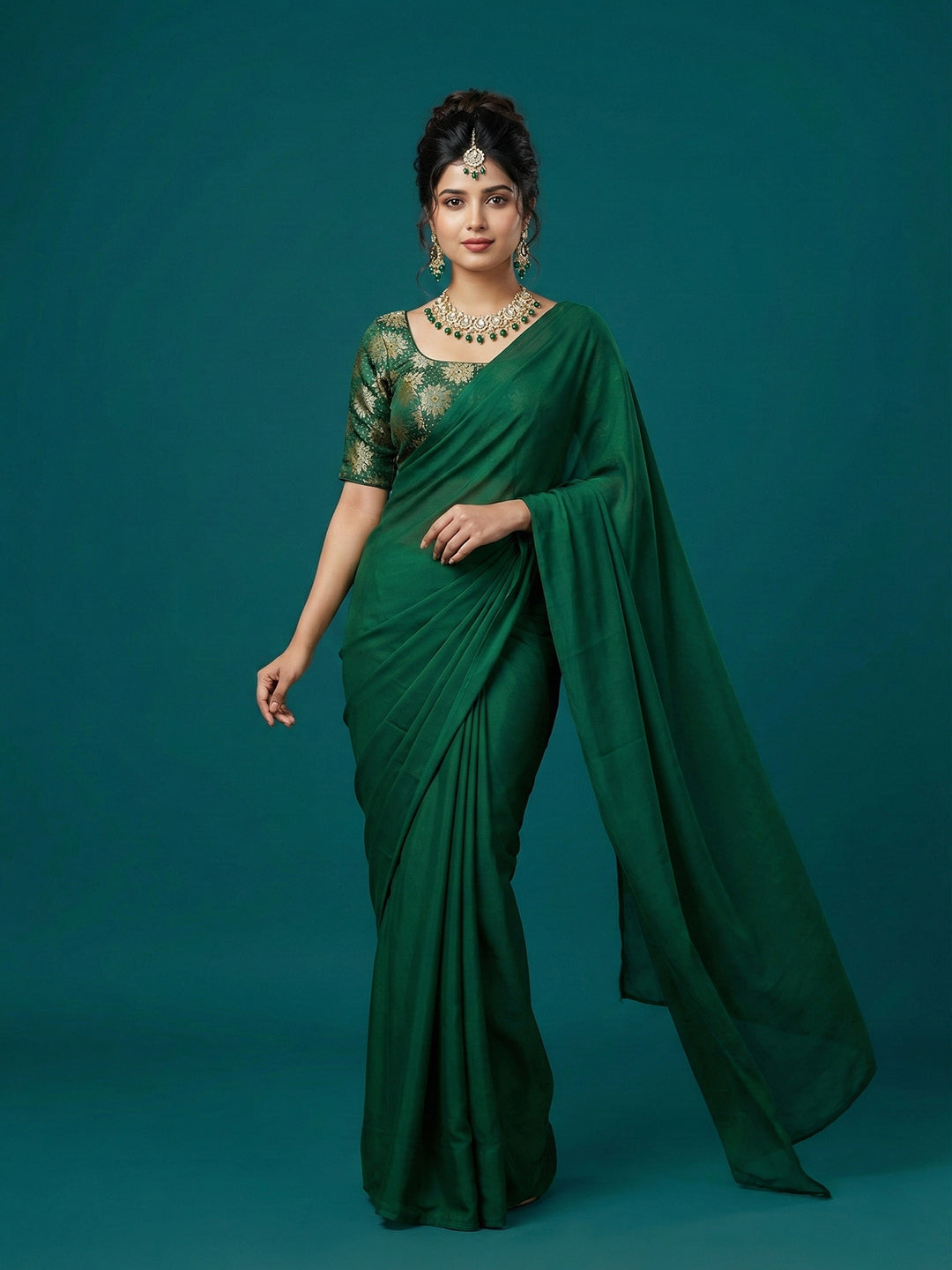 Satin Dark Green Brocade Blouse