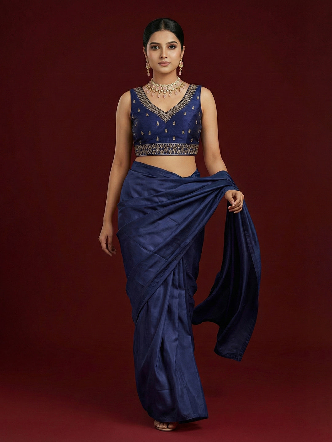 Silk Embroidered Navy Blue Saree Blouse
