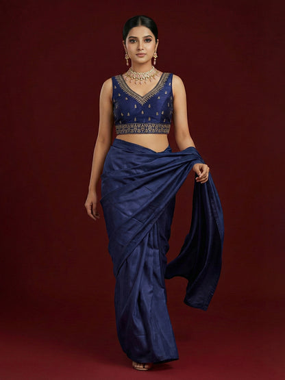 Silk Embroidered Navy Blue Saree Blouse