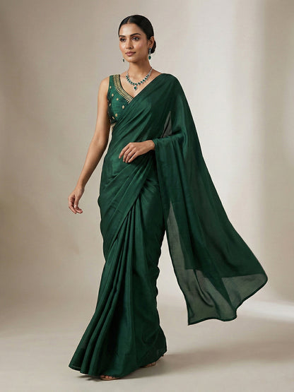 Silk Embroidered Green Saree Blouse