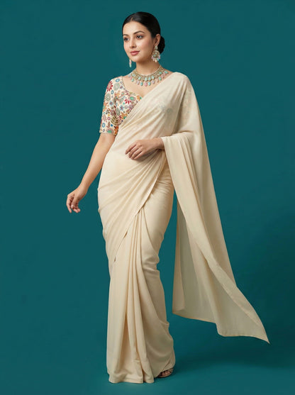 Embroidered Cream Saree Blouse