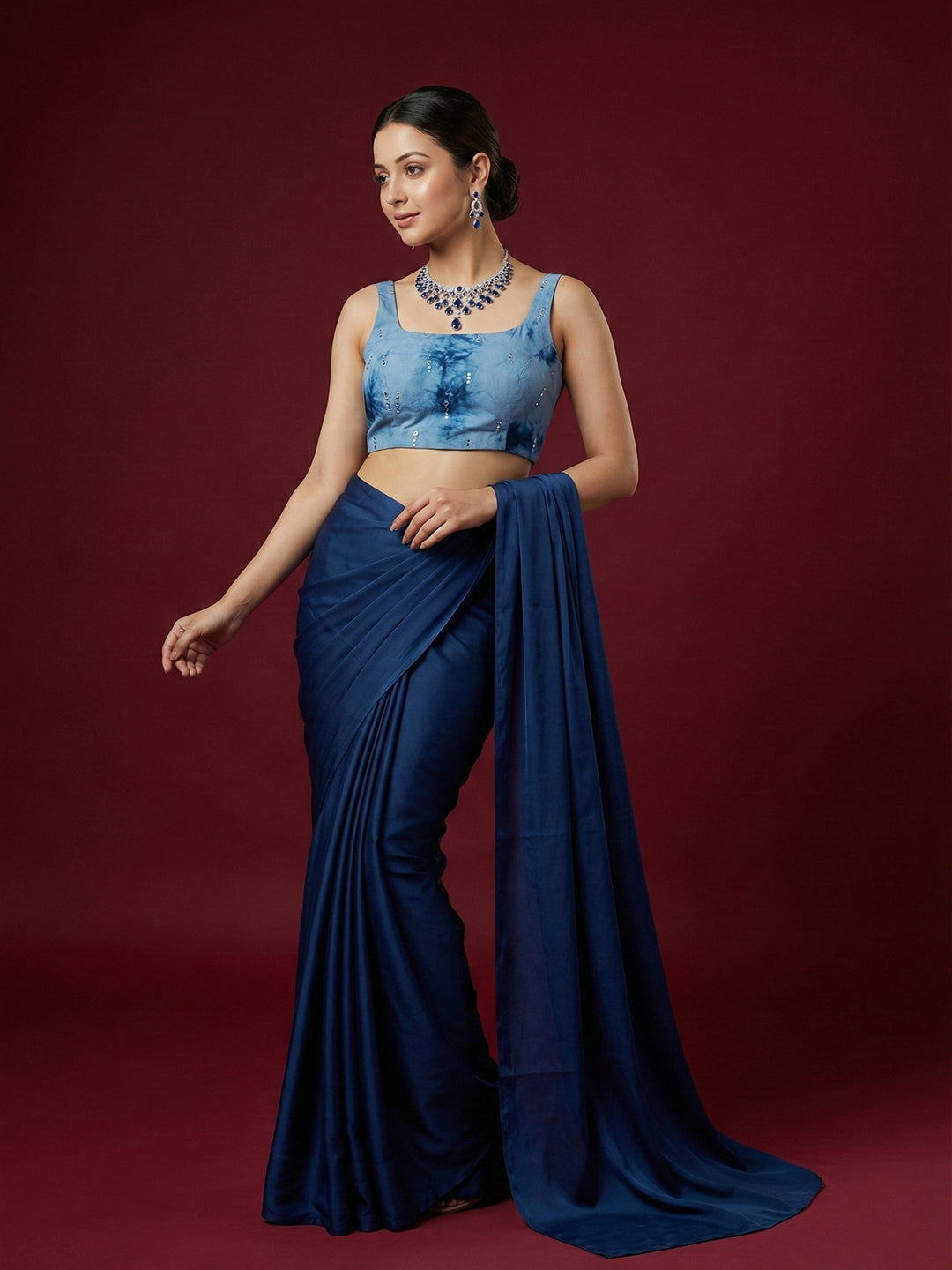 Tie-Dye Navy Blue Embroidered Saree Blouse