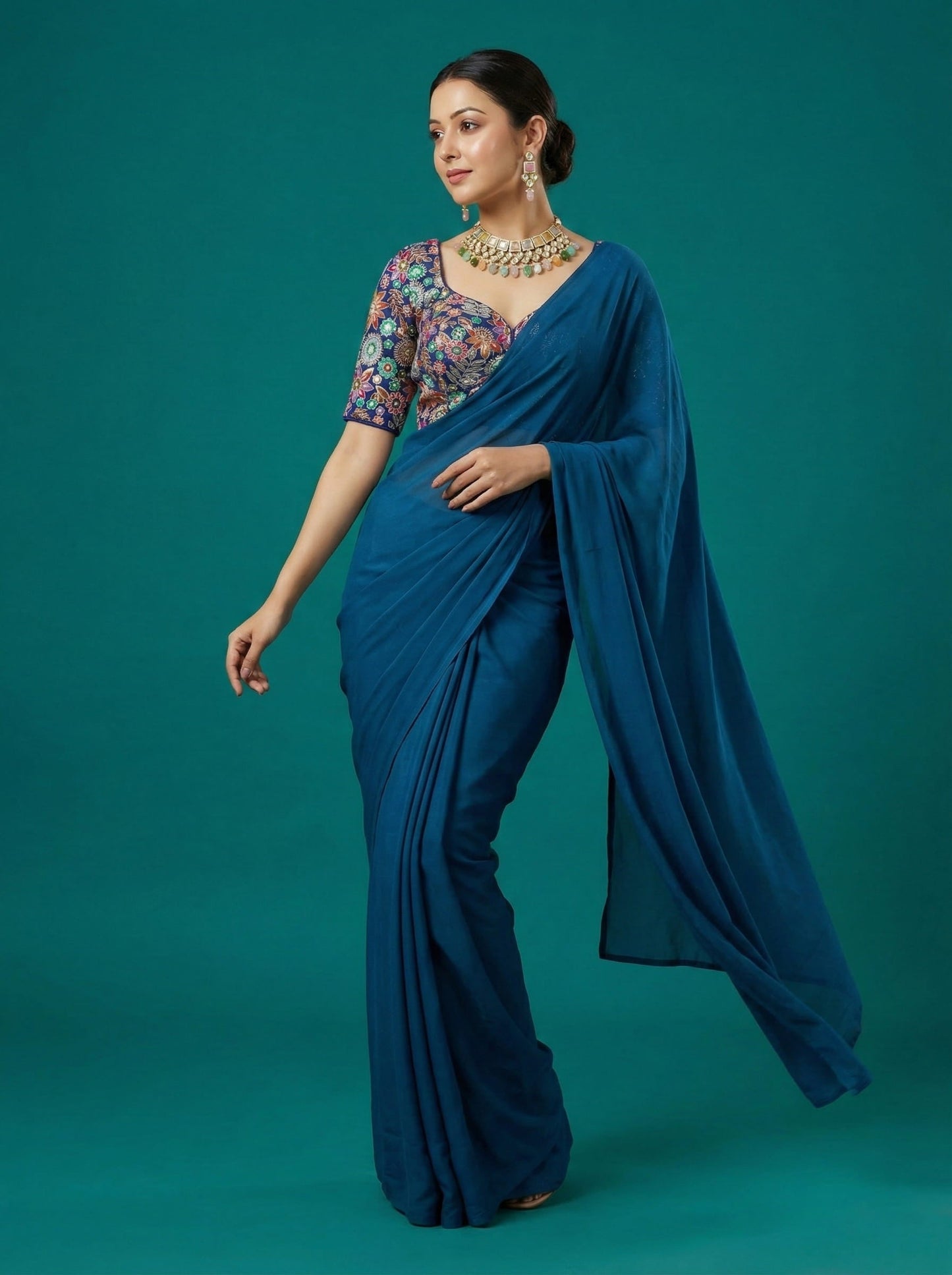 Embroidered Blue Saree Blouse