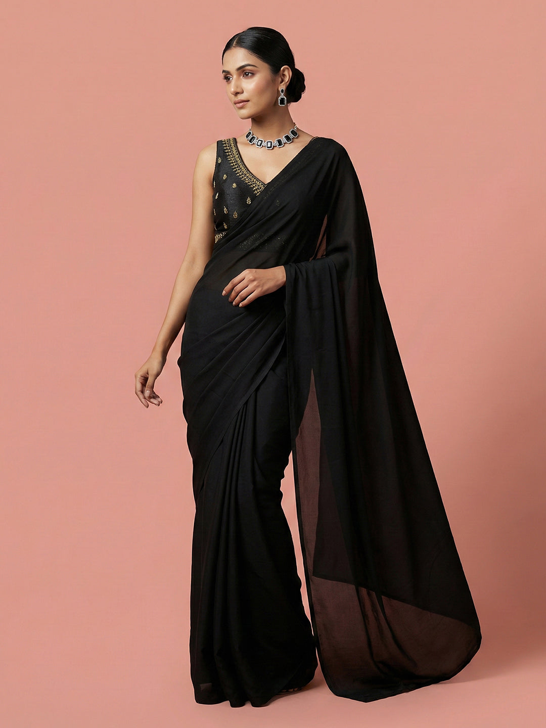 Silk Embroidered Black Saree Blouse