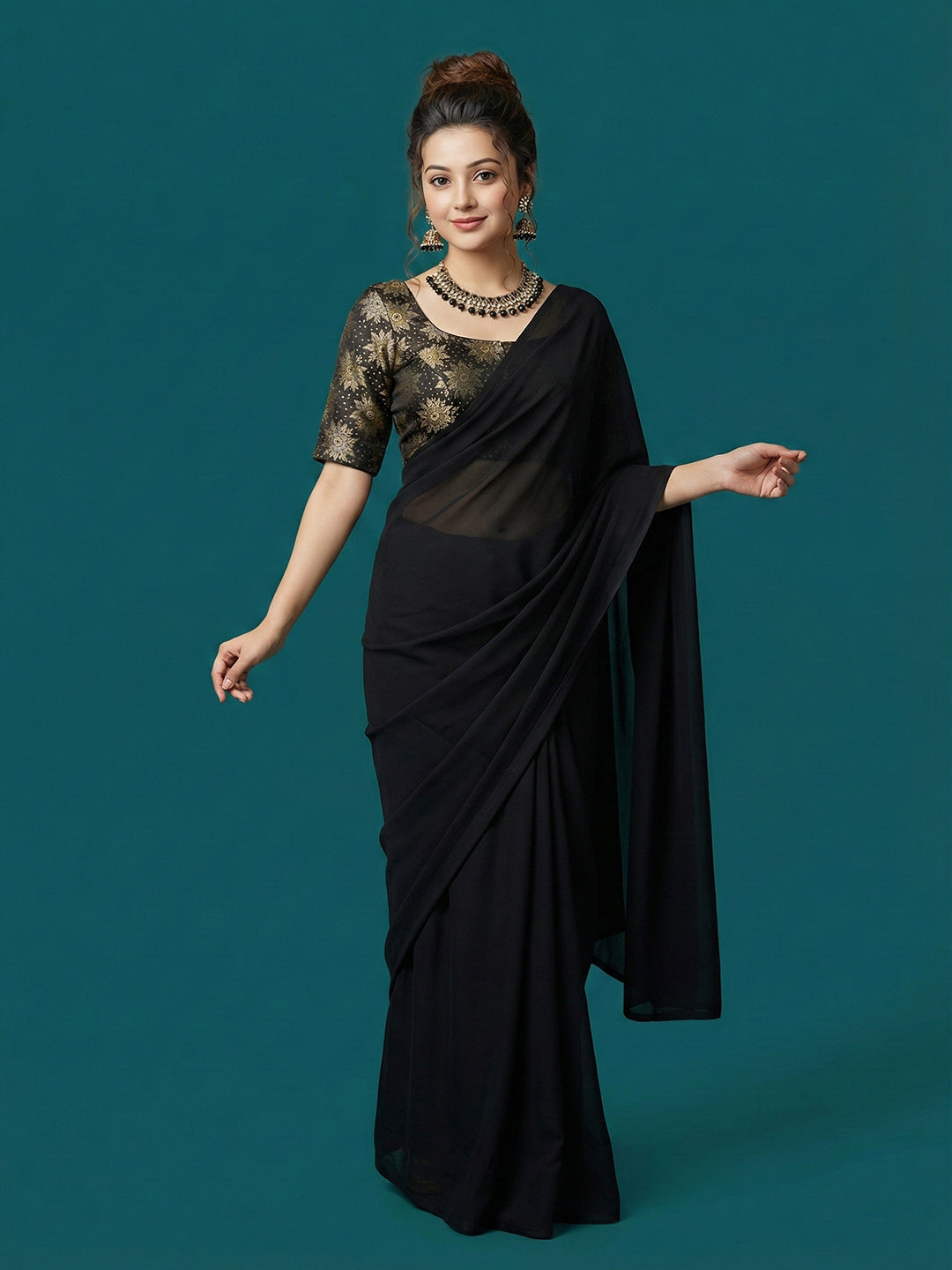 Satin Black Brocade Blouse