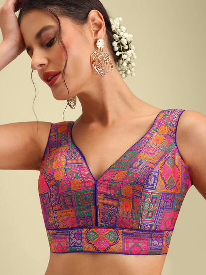 Woven Navy Blue Multi Colour Design Saree Blouse
