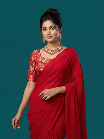 Satin Deep Red Brocade Blouse