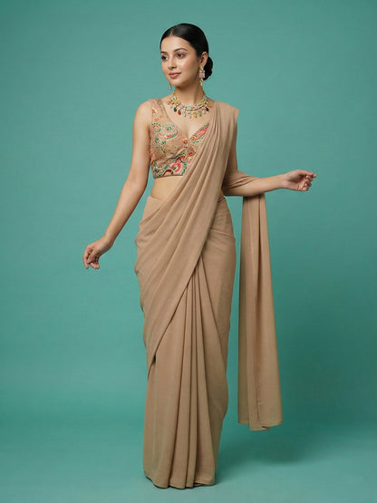 Designer Dark Beige Embroidered Saree Blouse