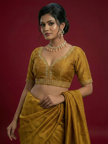 Women's Mustard Capri Silk Embroidered Saree Blouse