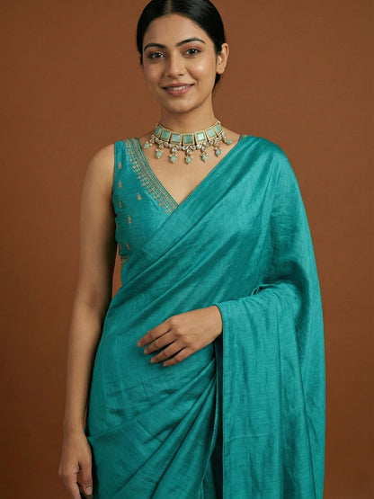 Silk Embroidered Blue Saree Blouse