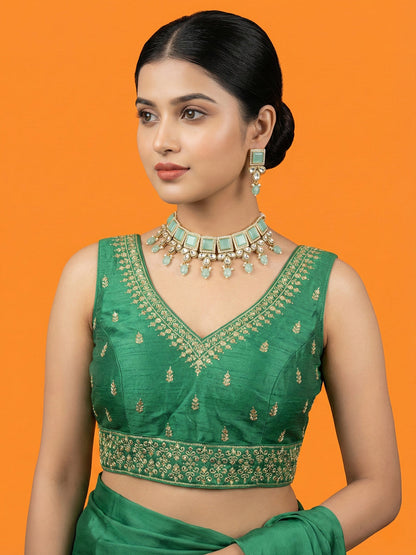 Silk Embroidered Bottle Green Saree Blouse