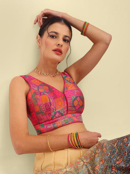 Woven Dark Pink Multi Colour Design Saree Blouse