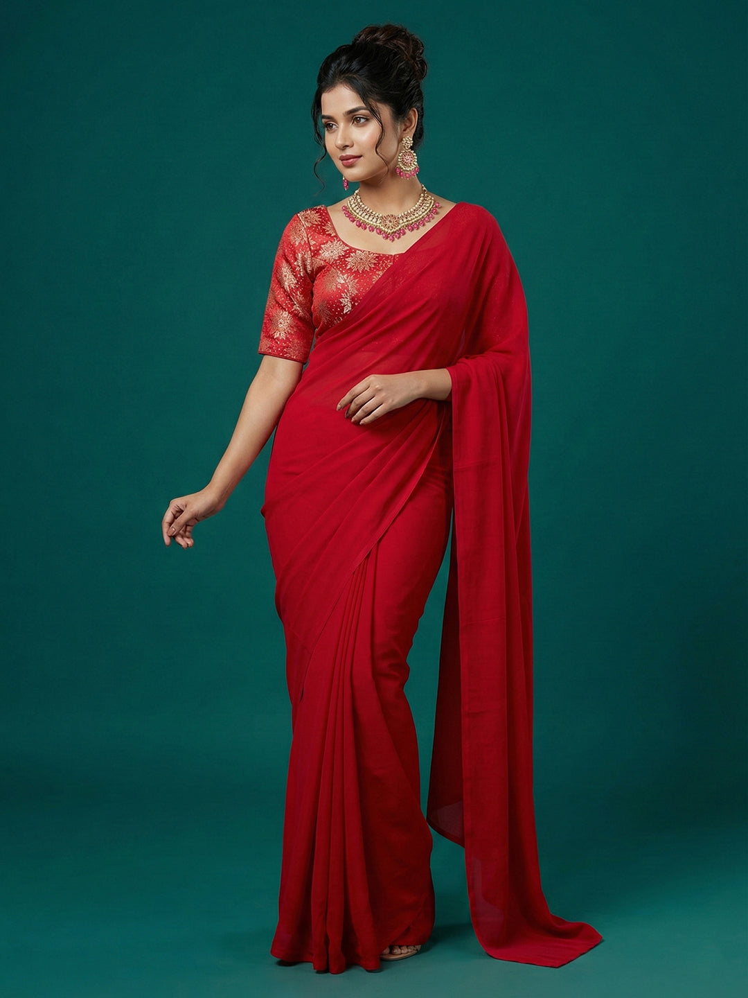 Satin Deep Red Brocade Blouse