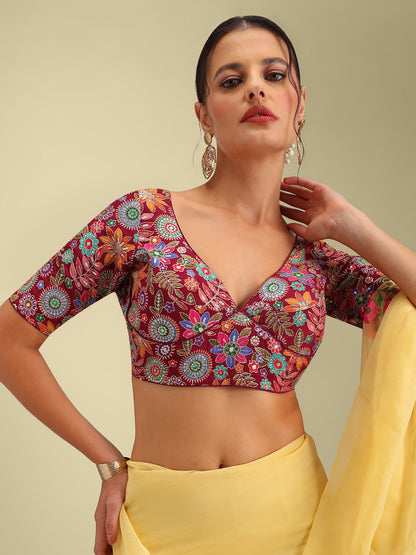 Embroidered Maroon Saree Blouse