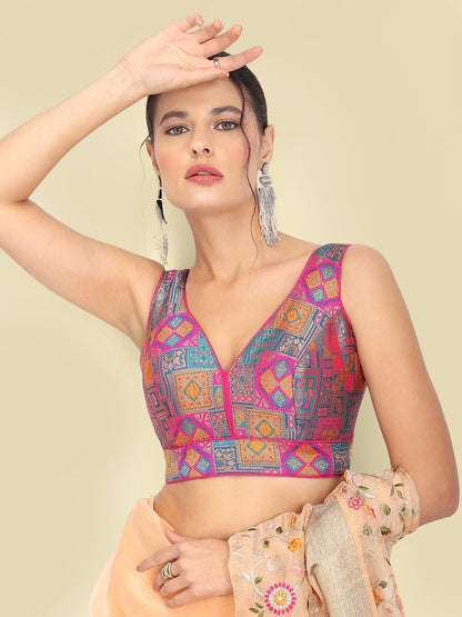 Woven Blue Multi Colour Design Saree Blouse