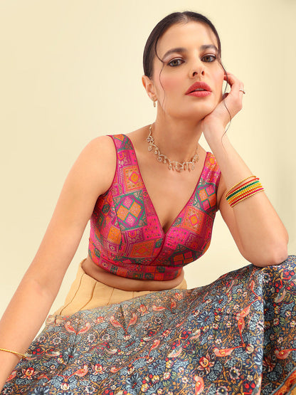 Woven Dark Pink Multi Colour Design Saree Blouse