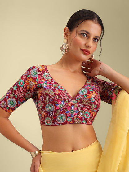 Embroidered Maroon Saree Blouse